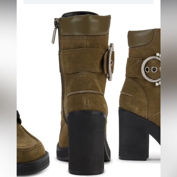 NIB Karl Lagerfeld Dottie embellished suede buckle boots - Picture 2 of 4